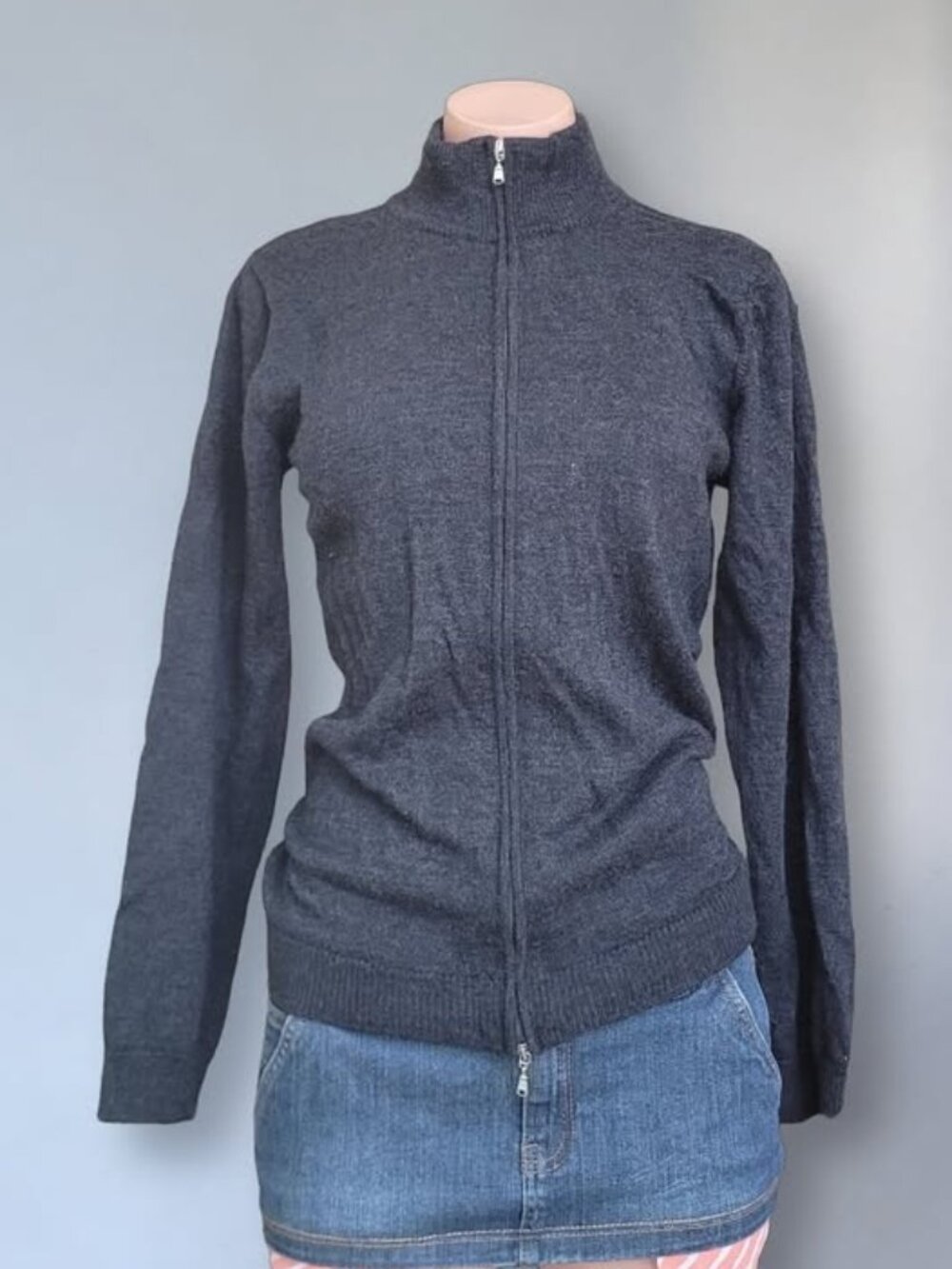 Kevin Cool Grey 100% Merino Wool Full Zip Knit Sweater (S)